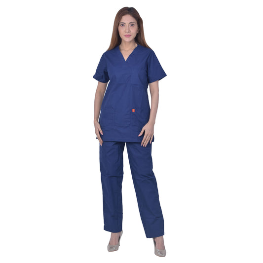 FRENCH TERRAIN® Unsiex Polyester Cotton V-Neck Scrub Suit, Triple Stitch Top with 3 Pockets, Bottom Elasticated Wasit with Drawstring. (Color_ Navy Blue)