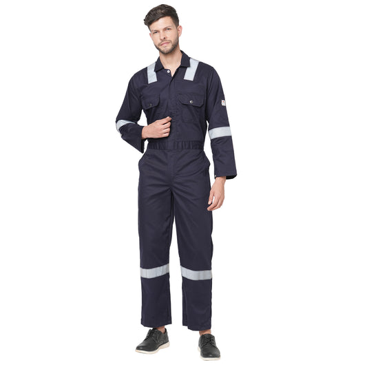 Men's 100% Cotton FIRE Retardant Industrial Work WEAR Coverall Boiler Suit with Reflective Tape 225 GSM (Navy Blue)