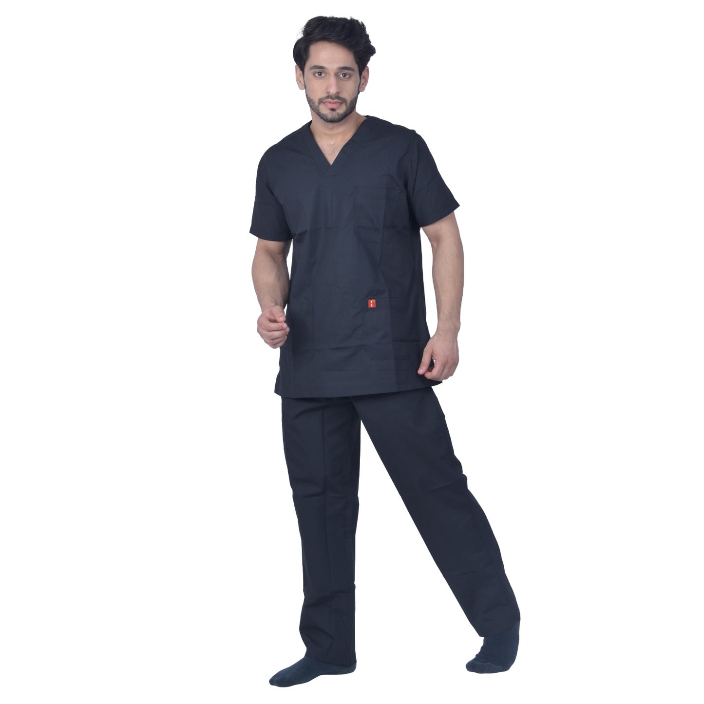 Unisex polyester cotton v-neck scrub suit set, set of top and bottom, triple stitch top with 3 pockets, bottom elasticated waist with drawstring (black)