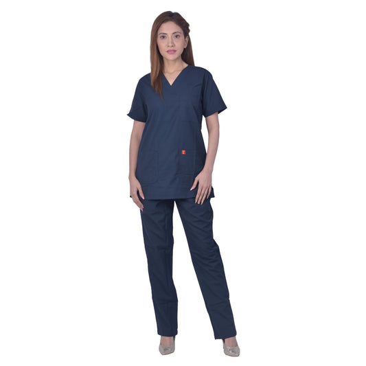 Unisex polyester cotton v-neck scrub suit set, set of top and bottom, triple stitch top with 3 pockets, bottom elasticated waist with drawstring (dark navy)