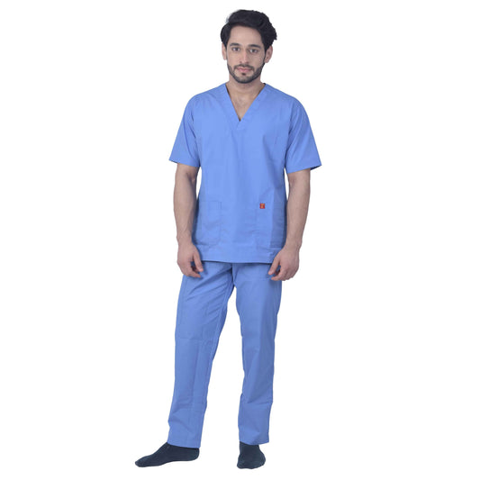 Unisex Premium Polyester Cotton V-Neck Scrub Suit. (Top And Bottom) Double Stitch With 2 Pockets - Ceil Blue