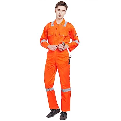 Men's 100% Cotton FIRE Retardant Industrial Work WEAR Coverall Boiler Suit with Reflective Tape 225 GSM (Orange)