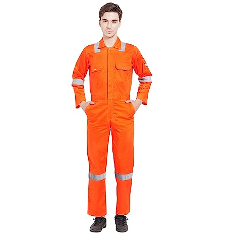 Men's 100% Cotton FIRE Retardant Industrial Work WEAR Coverall Boiler Suit with Reflective Tape 225 GSM (Orange)
