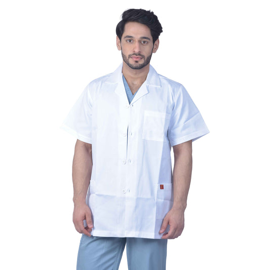 Unisex Light Weight Feel Fresh Permanently Anti-Microbial And Anti-Viral Half Sleeve Doctors Apron Lab Coat, 3 Pockets With Pocket Loop As Id Card Holder.