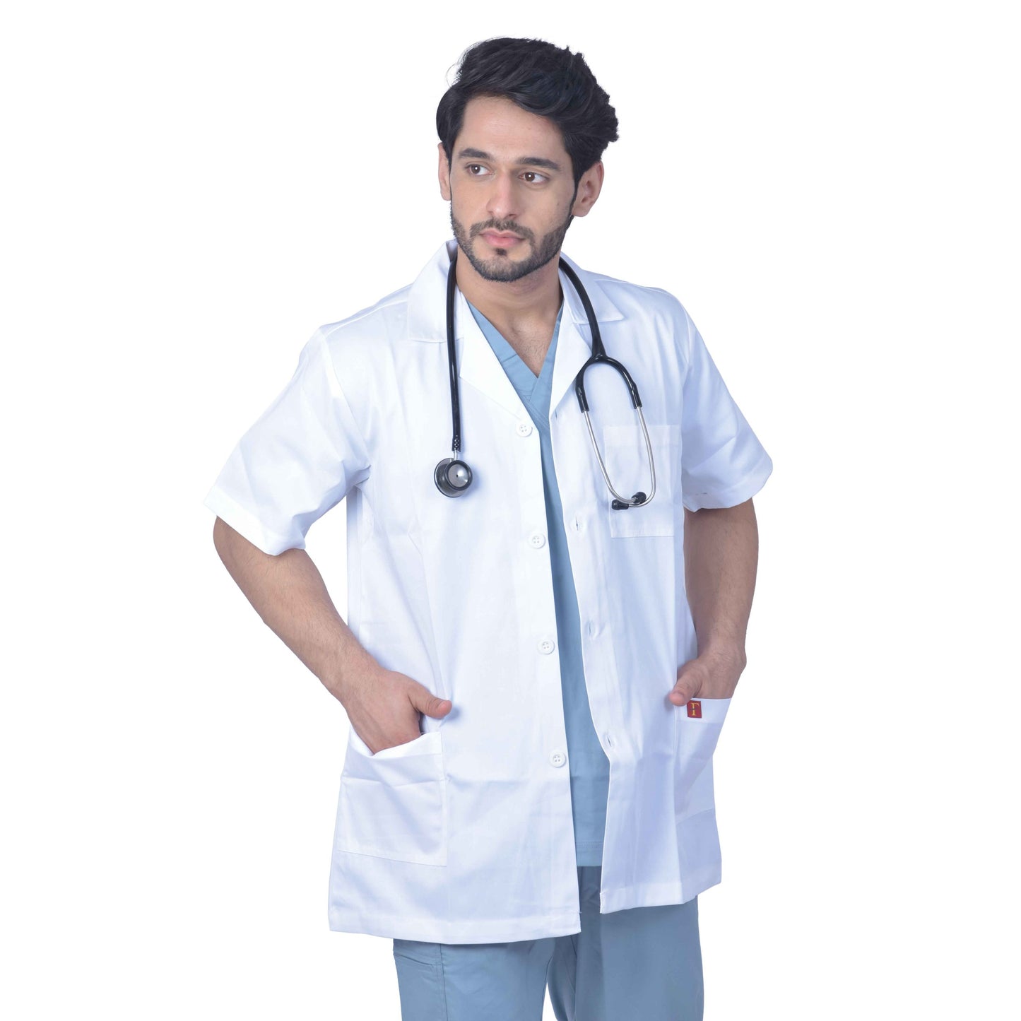 Unisex Light Weight Feel Fresh Permanently Anti-Microbial And Anti-Viral Half Sleeve Doctors Apron Lab Coat, 3 Pockets With Pocket Loop As Id Card Holder.