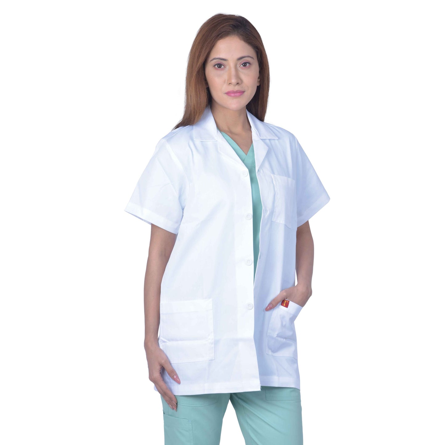 Unisex Light Weight Feel Fresh Permanently Anti-Microbial And Anti-Viral Half Sleeve Doctors Apron Lab Coat, 3 Pockets With Pocket Loop As Id Card Holder.