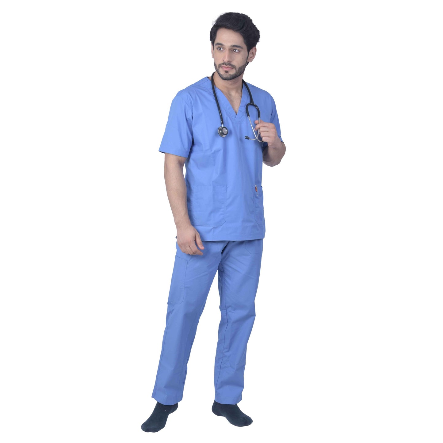 Unisex Premium Polyester Cotton V-Neck Scrub Suit. (Top And Bottom) Double Stitch With 2 Pockets - Ceil Blue