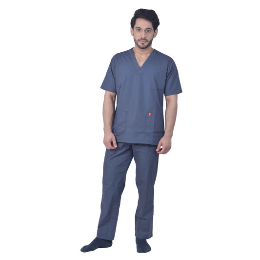 Unisex Premium Polyester Cotton V-Neck Scrub Suit. (Top And Bottom) Double Stitch With 2 Pockets - Dark Grey