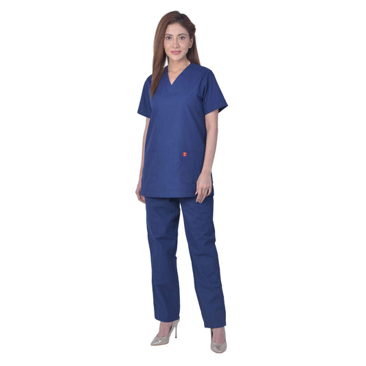 Unisex V_Neck Light Weight Polyester Viscose V-Neck Medical Scrub Suit, For Doctors, Top And Bottom With 4 Pockets (Navy Blue)