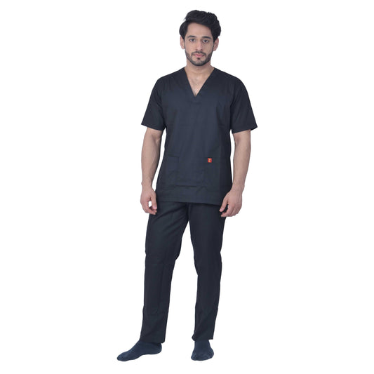 Unisex Premium Polyester Cotton V-Neck Scrub Suit. (Top And Bottom) Tripple Stitch With 2 Pockets - Black