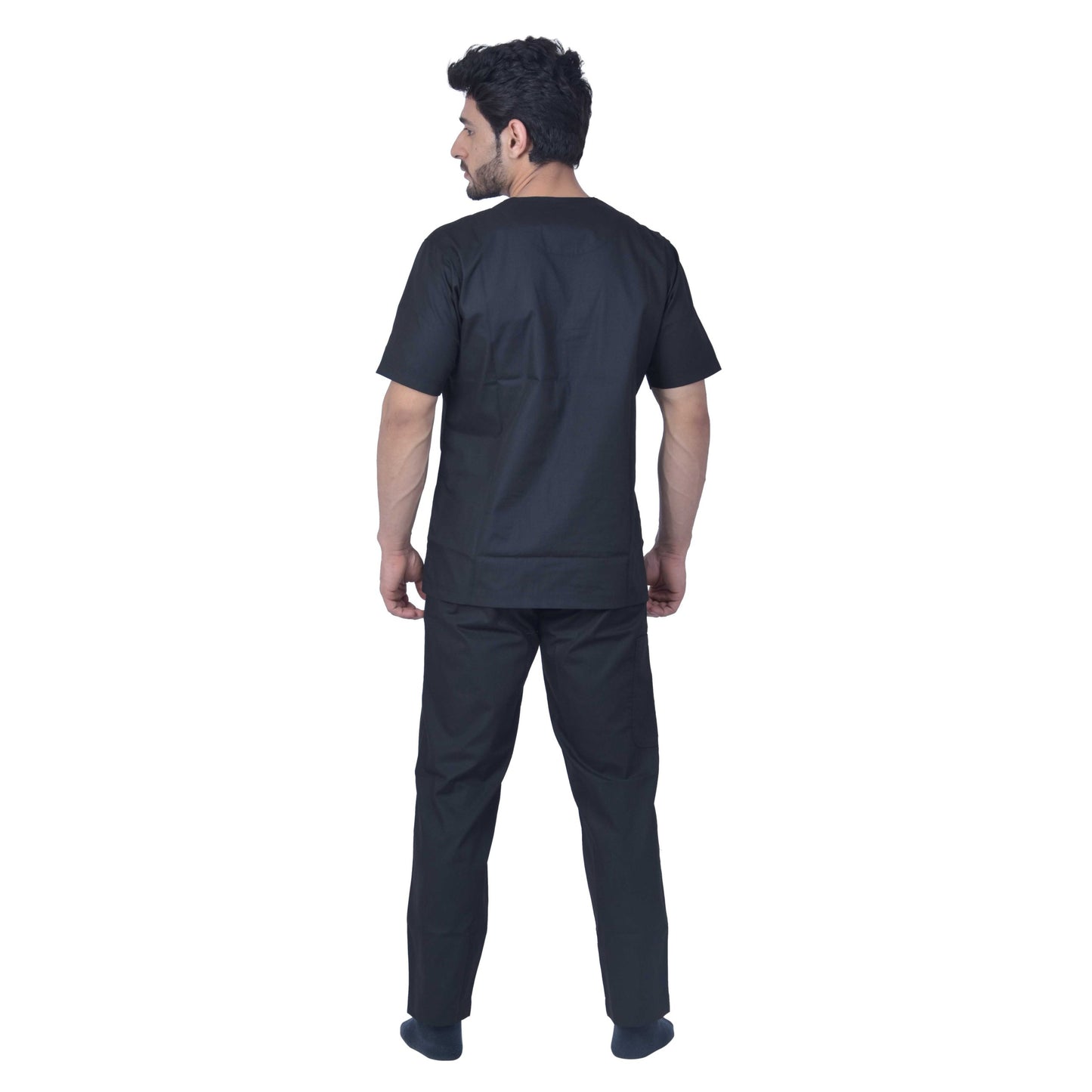 Unisex Premium Polyester Cotton V-Neck Scrub Suit. (Top And Bottom) Tripple Stitch With 2 Pockets - Black