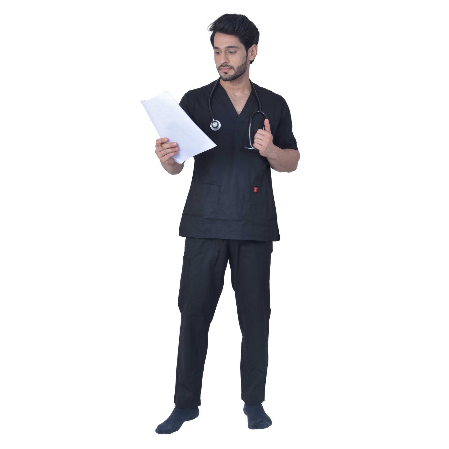 Unisex Premium Polyester Cotton V-Neck Scrub Suit. (Top And Bottom) Tripple Stitch With 2 Pockets - Black