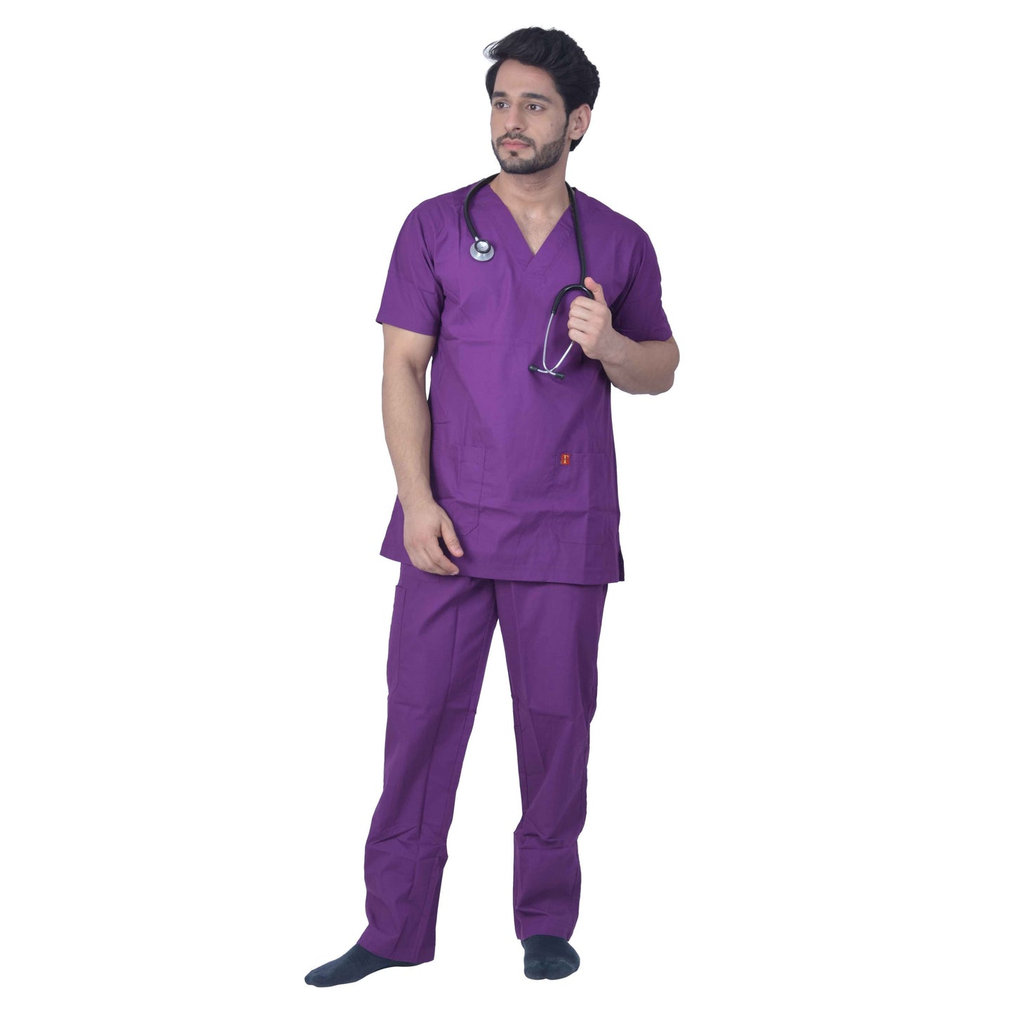 Unisex Premium Polyester Cotton V-Neck Scrub Suit. (Top And Bottom) Tripple Stitch With 2 Pockets - Purple