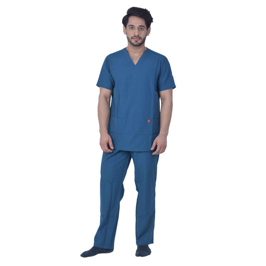 Unisex Premium Polyester Cotton V-Neckmedical Scrub Suit, (Top And Bottom) Double Stitch With 2 Pockets - Carribean Blue