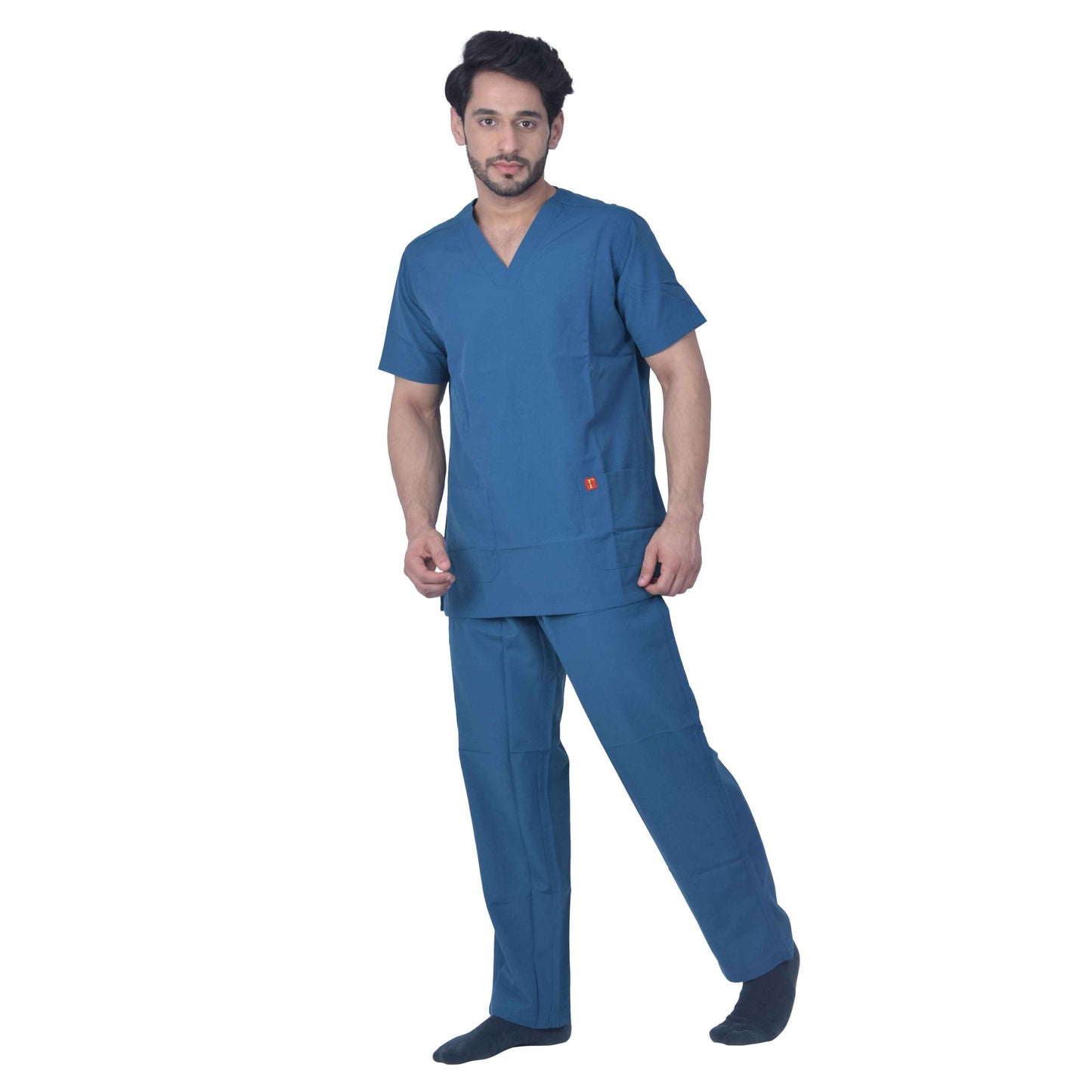 Unisex Premium Polyester Cotton V-Neck Scrub Suit.(Top And Bottom) Tripple Stitch With 2 Pockets - Caribbean Blue