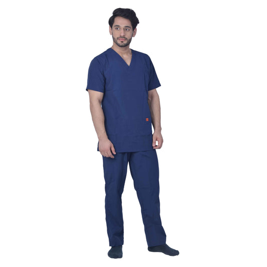 Unisex Premium Polyester Viscose V-Neck Scrub Suit, (Top And Bottom) Double Stitch With 2 Pockets – Navy Blue