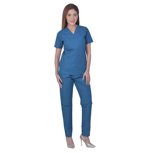 Unisex light weight polyester viscose v-neck medical scrub suit, top and bottom, ideal for  healthcare professionals, top with 2 pockets, bottom elasticated waist with drawstring (caribbean blue)