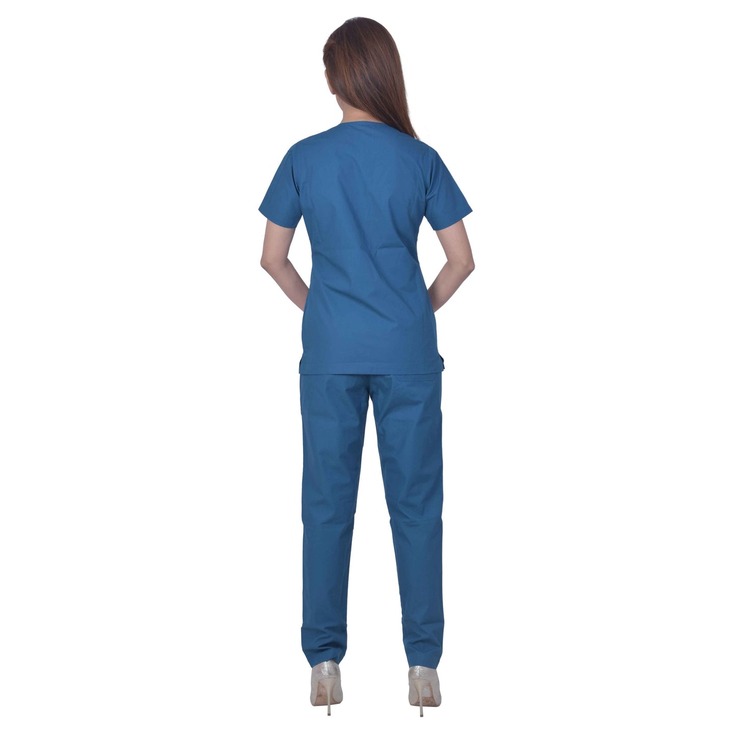 Unisex Premium Polyester Cotton V-Neck Scrub Suit. (Top And Bottom) Tripple Stitch With 3 Pockets - Carribean Blue