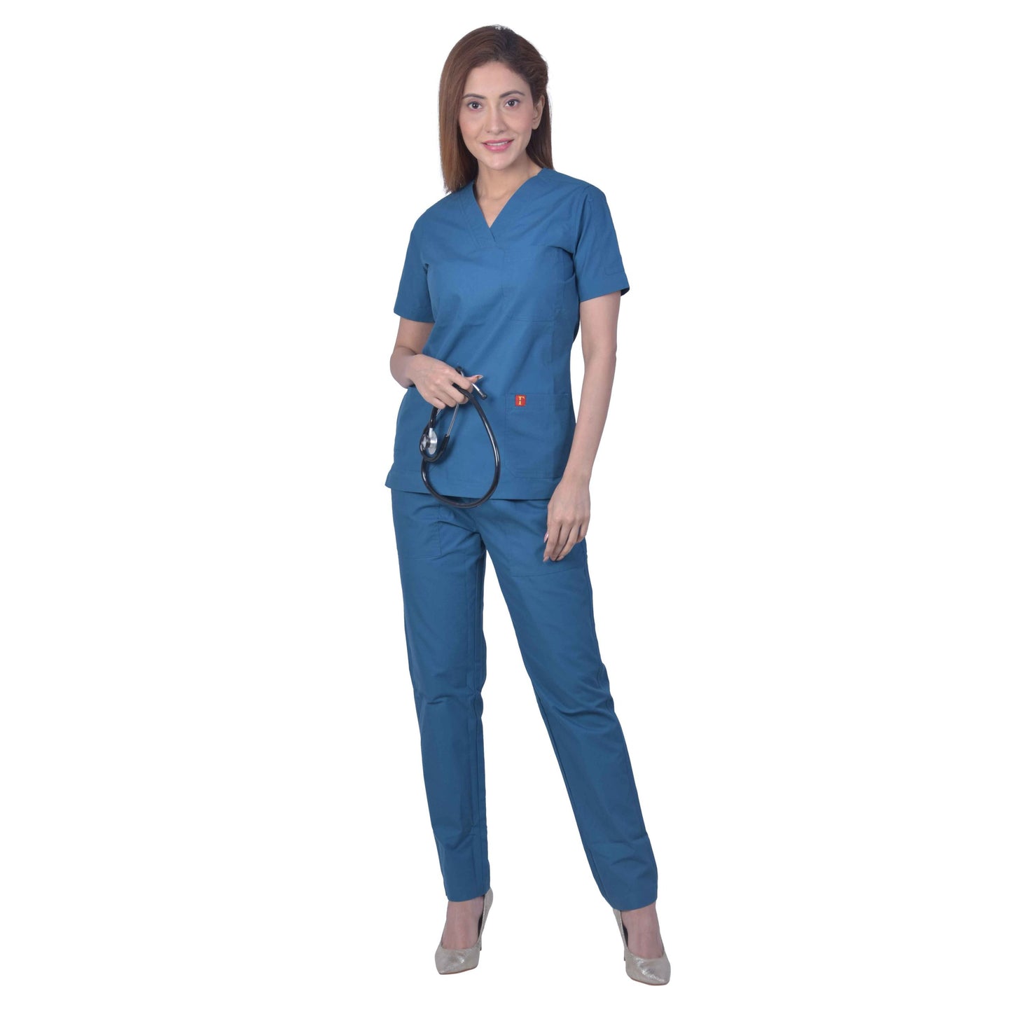 Unisex Premium Polyester Cotton V-Neck Scrub Suit. (Top And Bottom) Tripple Stitch With 3 Pockets - Carribean Blue