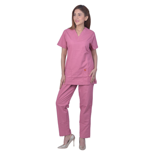 Unisex polyester cotton v-neck scrub suit set, set of top and bottom, tripple stitch top with 2 pockets, bottom elasticated waist with drawstring (dark pink)