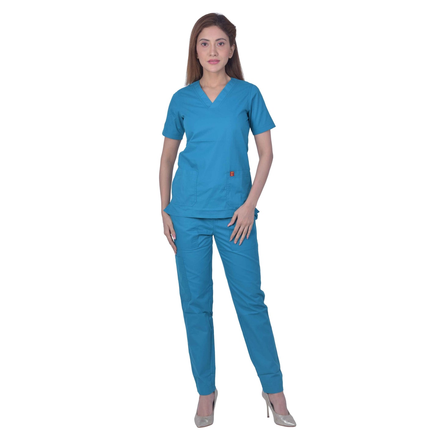 Unisex Premium Polyester Cotton V-Neck Scrub Suit. (Top And Bottom) Tripple Stitch With 2 Pockets - Turquoise