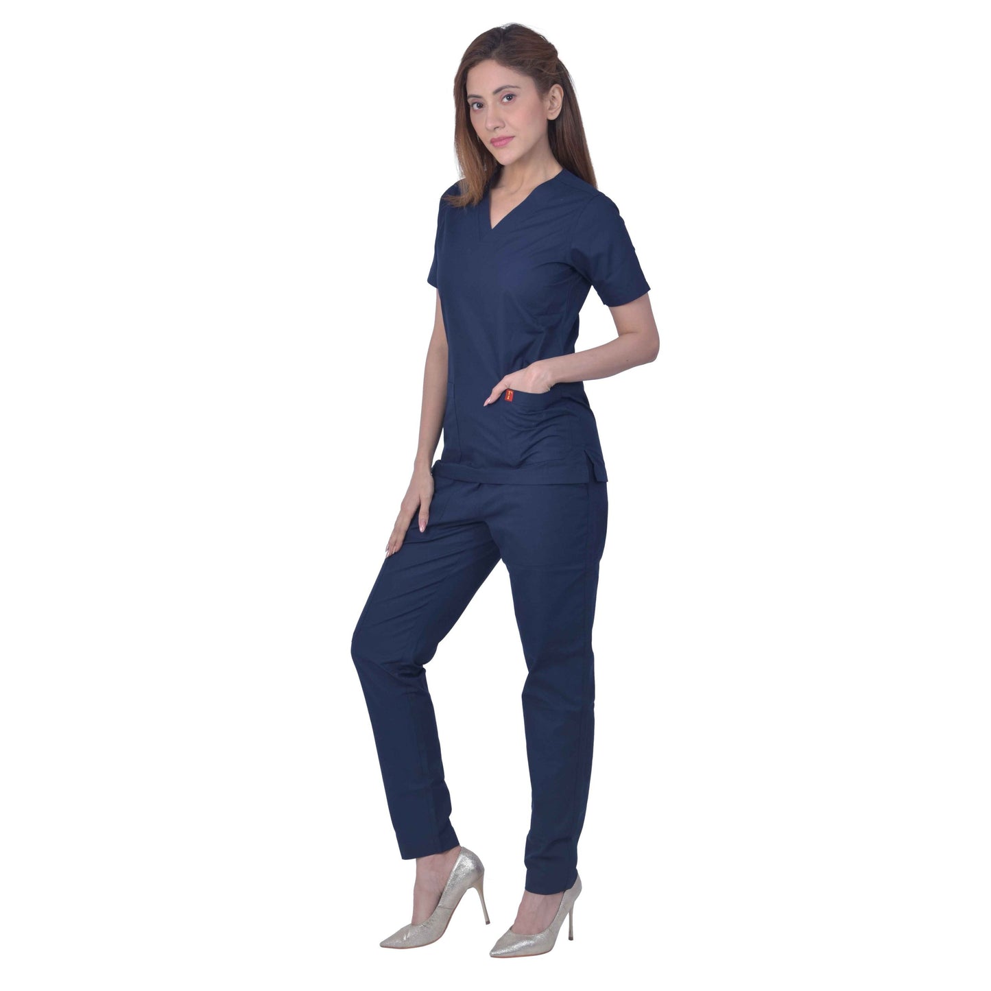 Unisex Premium Polyester Cotton V-Neck Scrub Suit, (Top And Bottom) Triple Stitch With 2 Pockets - Dark Navy