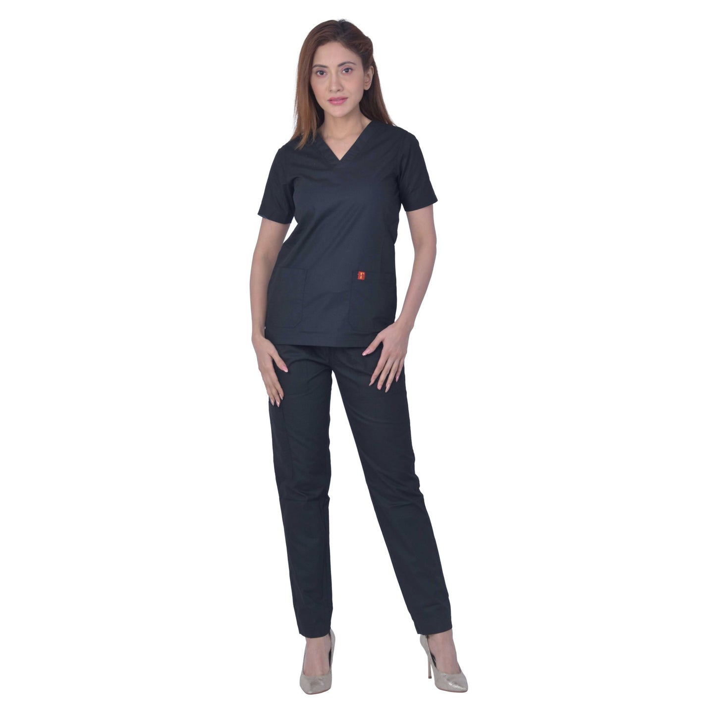 Unisex Premium Polyester Cotton V-Neck Scrub Suit. (Top And Bottom) Tripple Stitch With 2 Pockets - Black