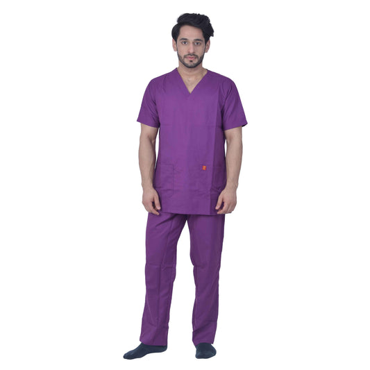 Unisex Premium Polyester Cotton V-Neck Scrub Suit. (Top And Bottom) Tripple Stitch With 2 Pockets - Purple