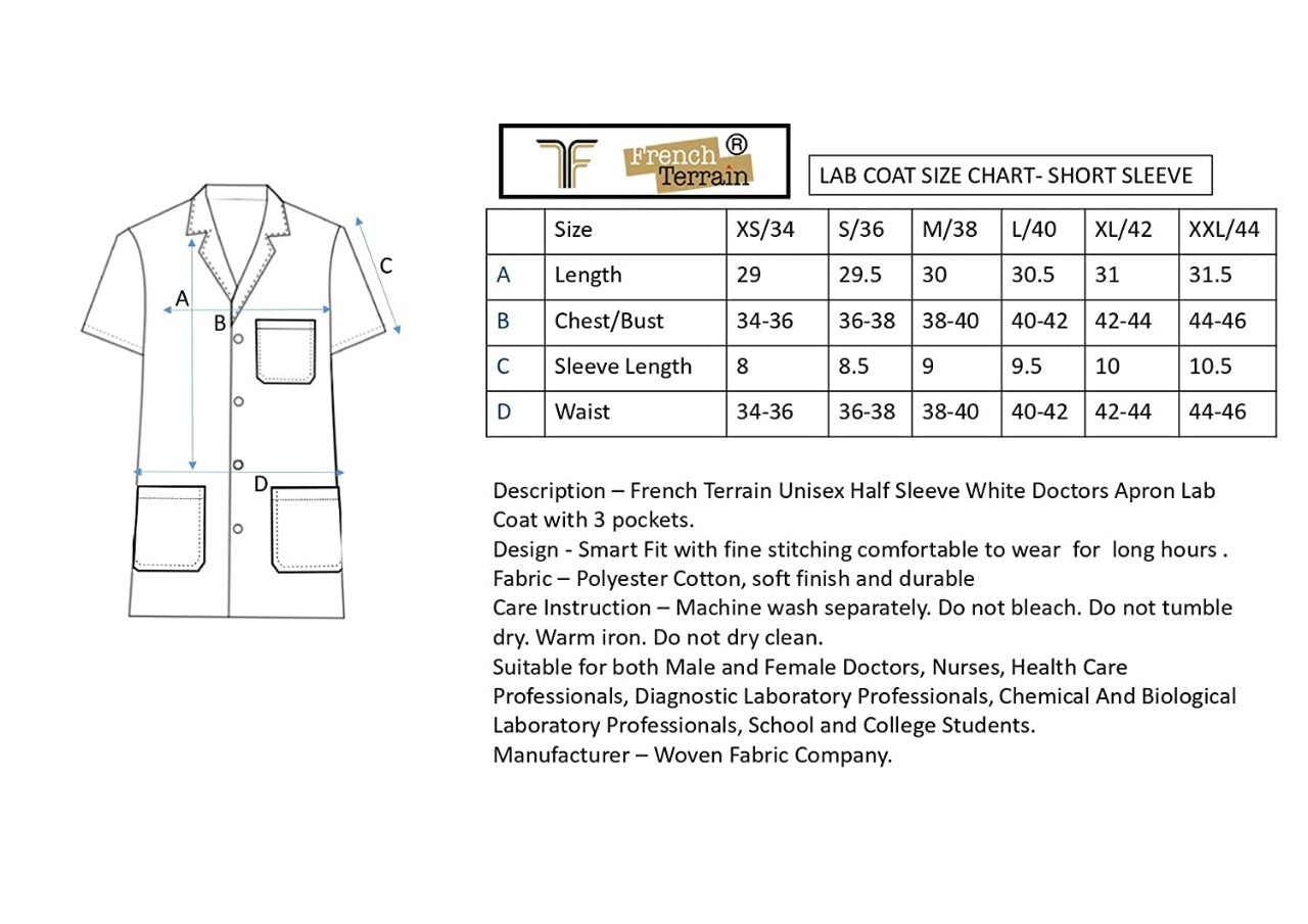 Unisex Light Weight Feel Fresh Permanently Anti-Microbial And Anti-Viral Half Sleeve Doctors Apron Lab Coat, 3 Pockets With Pocket Loop As Id Card Holder.